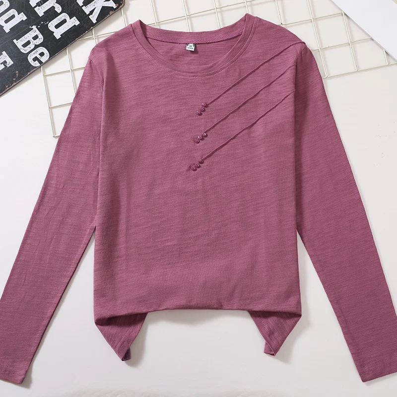 TuangBiang 2022 Spring Long Sleeve Women Bamboo Cotton T-Shirt Loose Fashion Button Ribbed Tshirts High Quality Blue PurpleTops