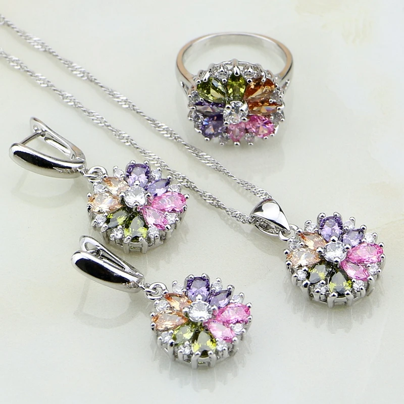 925 Silver Jewelry Flower Multi-color stones Jewelry Sets For Women Wedding Earrings/Pendant/Necklace/Rings