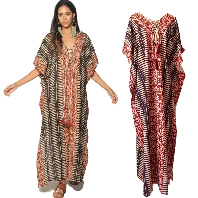 

India Kaftan Dress V-Neck Lace Up Ethnic Traditional Patter Print Maxi Caftan Batwing Short Sleeve Beach Cover Up Morocco Tunics