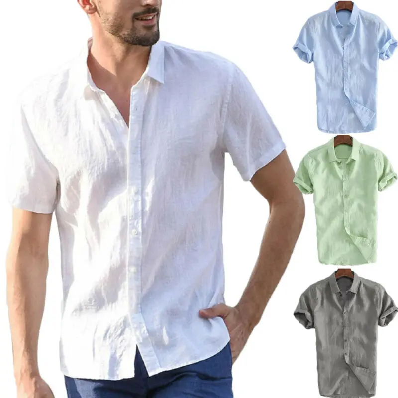 Camisa de linho de manga curta masculina, monocromática, casual, solta, gola virada para baixo, respirável, blusa masculina, verão