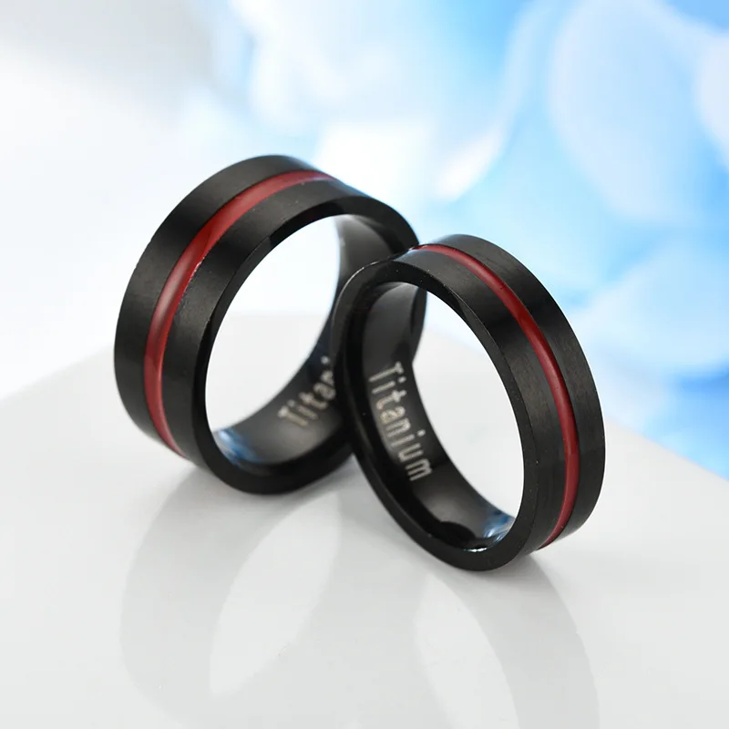 6/8mm Black Stainless Steel Couple Ring with Red Stripes Vintage Men\'s Titanium Steel Wedding Rings Band for Men Women Anillos