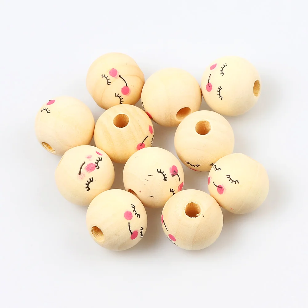 20pcs 16mm Natural Wood Beads Round Spacer Wooden Balls Smile Loose Beads For Jewelry Making Bracelet Necklace Diy Accessories