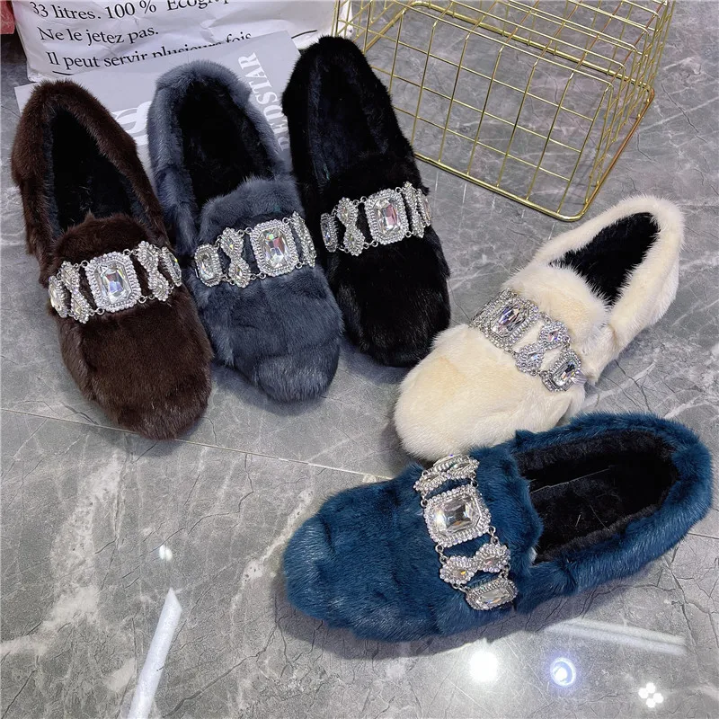 Crystal Women Winter Warm Fur Loafers Casual Thick Sole Moccasins Walking Snow Shoes Woman Mink Fur Espadrilles Flats Creepers