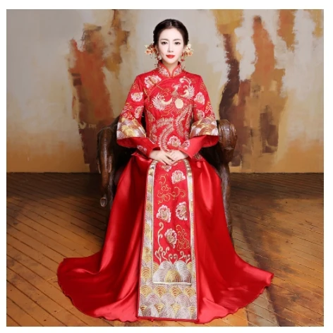 Women Phoenix Embroidery Cheongsam Red Silk Qipao Bride Oriental Chinese Traditional Wedding Dress  Traditions Robe Chinoise