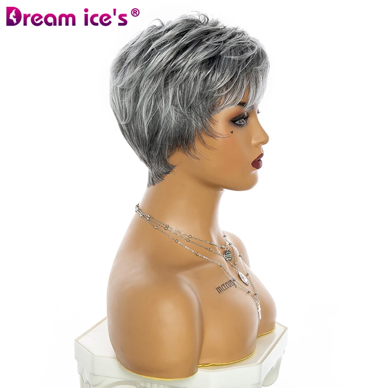 Short Mixed Gray Synthetic Wig With Bangs For Women High Temperature Fiber Natural Wavy Fluffy Hair Cosplay Daily Wig Dream Ices