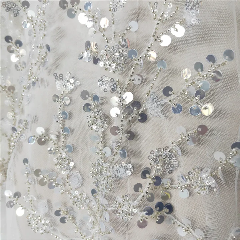 Silver Beaded Sequin Lace Fabric, Wedding Evening Dress, Bridal Dress, Shiny Branches, Sewing Accessories, RS2975