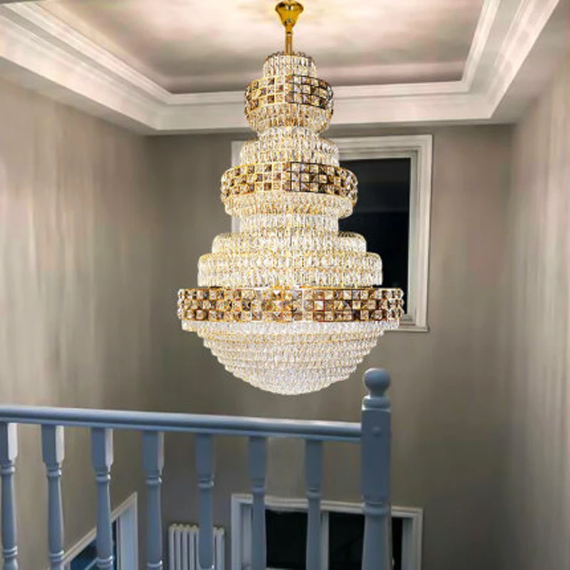 American Crystal Chandelier LED Light European Modern Crystal Chandeliers Lights Fixture Big Long Hotel Lobby Hall Parlor Lamp