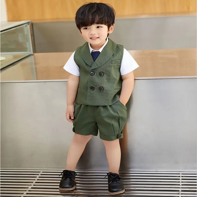 Boy Summer Short Sleeves Suit Bowtie Decorated Boys 3-piece vest Suit Set /Flower Boy Clothes/Children's Birthday Party Wear3367