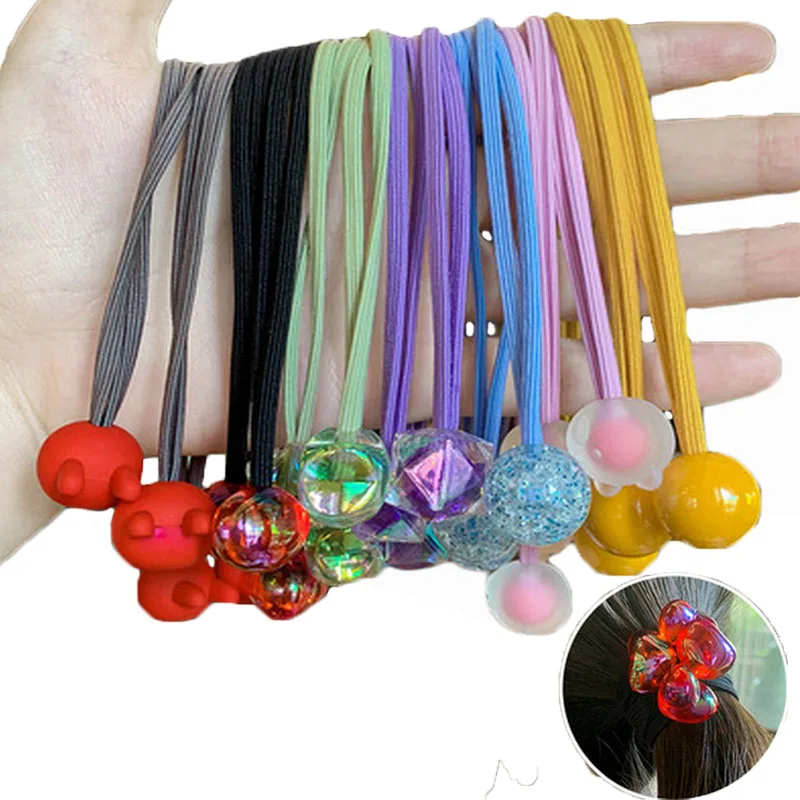 2pcs/lot Children Cartoon Colorful Beads Hair Rubber Bands Elastic Hair Ties For Kids Girl Pink Ball Hair Rope Princess Headwear