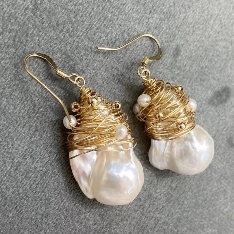 

designer S925 sterling silver hook big baroque shape natural white freshwater pearl earring with tiny genuine pearl bead gift