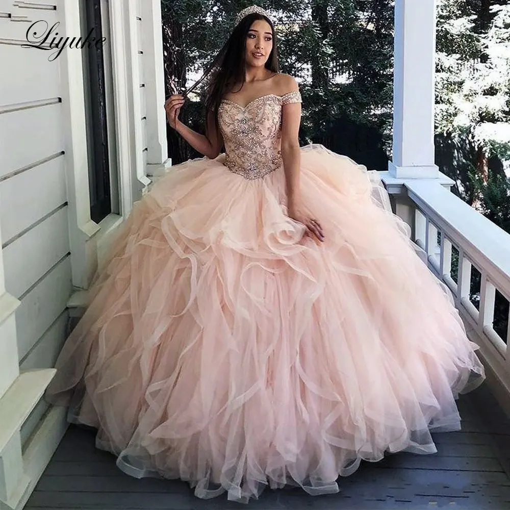 

Новое поступление Liyuke, цветное платье Quinceanera в форме сердца с открытыми плечами, стразами и бусинами на шнуровке