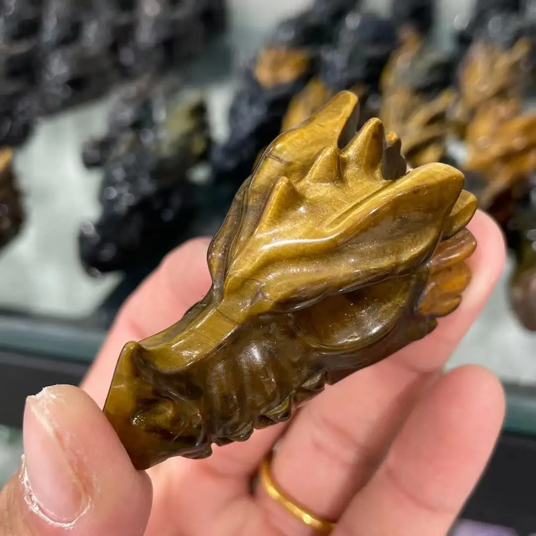 Natural tiger eye stone crystal carved dragon head bone, exquisite craft home decoration