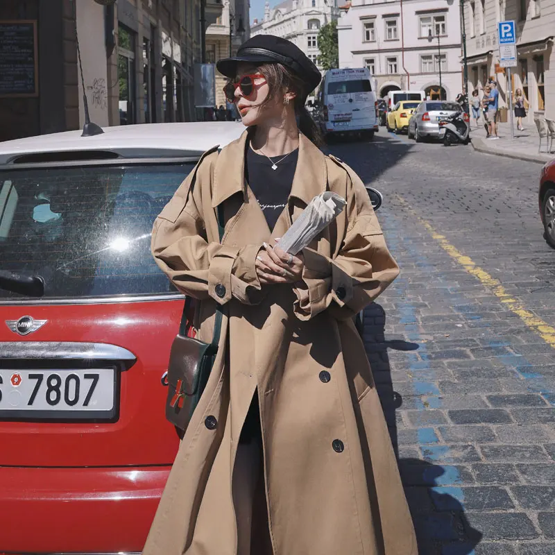 

Fashion Korean Style Oversized Women's Trench Coat Double-Breasted Long with Belt Office Lady Windbreaker Spring Autumn Cloak