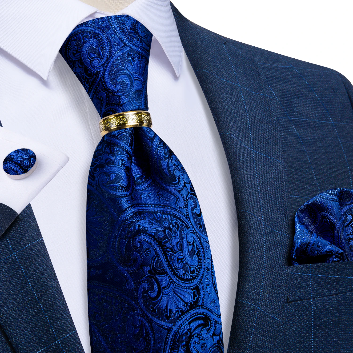 Handgefertigte Paisley-Blumen-Krawatte in Königsblau für Herren, klassische 8 cm breite gewebte Jacquard-Krawatte mit Einstecktuch, Manschettenknöpfen und Brosche – Detail 13