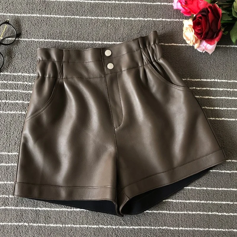 Short en peau de mouton naturelle pour femme, pantalon à jambes larges, taille haute, kaki, coupe ample, évasé, cuir véritable, 3XL, 100%