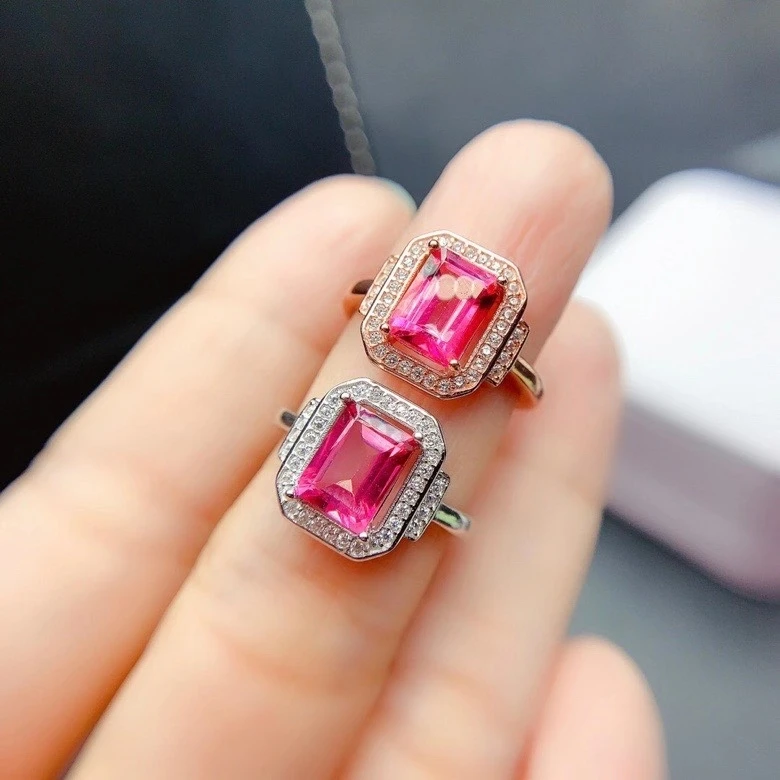 

KJJEAXCMY fine jewelry 925 sterling silver inlaid natural pink topaz Women's elegant square adjustable gem ring support check