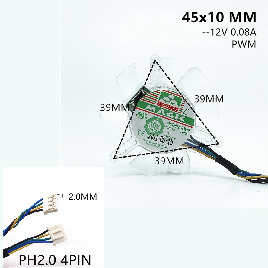 

MGT5012LR-W10 High Quality Ultra Quiet 5010 Graphics Card Fan Blade 45MM Diameter Hole Pitch 39mm 12V 0.08A Fan Blade 4pin PWM