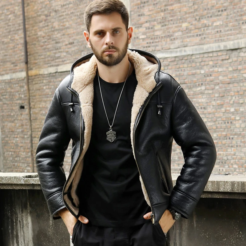 Denny&Dora New Mens Black Shearling Jacket Short Motorcycle Jacket Thicken Fur Coat Hooded Leather Jacket Sheepskin Coat