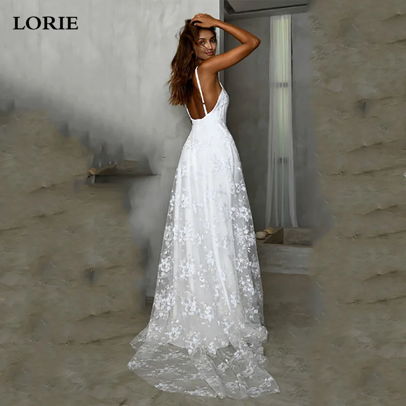 

LORIE Beach Wedding Dress Boho vestido de noiva Bohemian Lace Bridal Dress Backless Spaghetti Straps V Neck Wedding Gowns