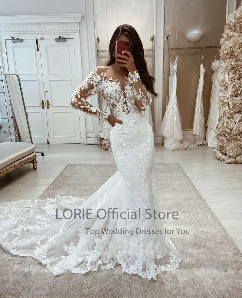 LORIE Boho Wedding Dresses Mermaid Lace Long Sleeves Wedding Gown Vintage White Ivory Custom Made Luxury Bridal Dress Customized