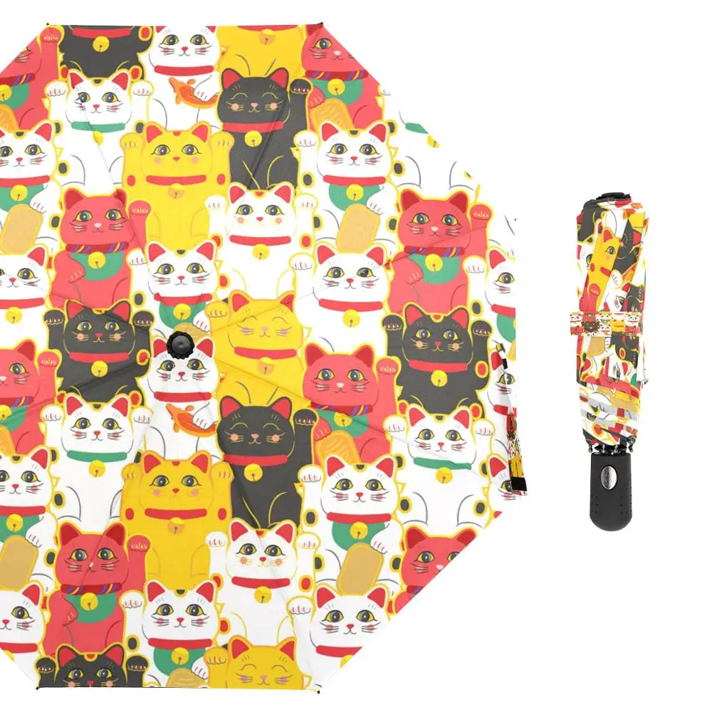 

Японский женский зонт Lucky Cat, автоматический зонт от дождя, женский три складных легких и прочных прочных зонта