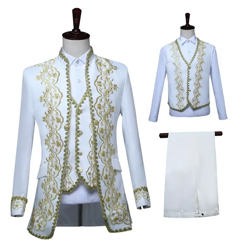 Men's Wedding Suit Medieval Jacket+Vest+Pants 3 Pieces Retro Costume Military Blazer Royal Fancy Dress Suits