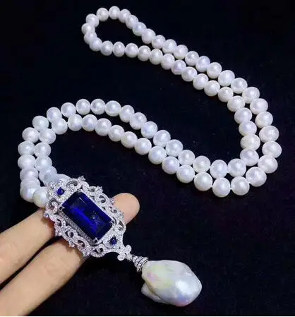 Women's jewelry hand knotted 8-9mm micro inlaid zircon accessories white freshwater pearl necklace personality