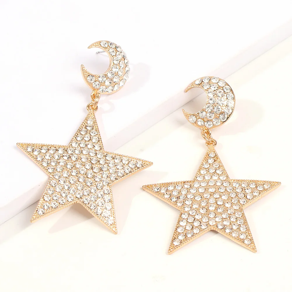 Banny-pendientes con diamantes de imitación para mujer, aretes brillantes, color rosa, con forma de luna y estrella