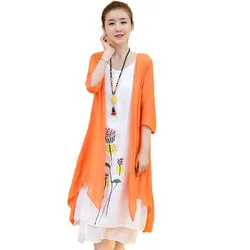 Summer Women's Dresses Cotton Linen Long Skirt 2021 New Female Clothing Thin Cardigan Pure Color Elegant Ladies Two-Piece Dress