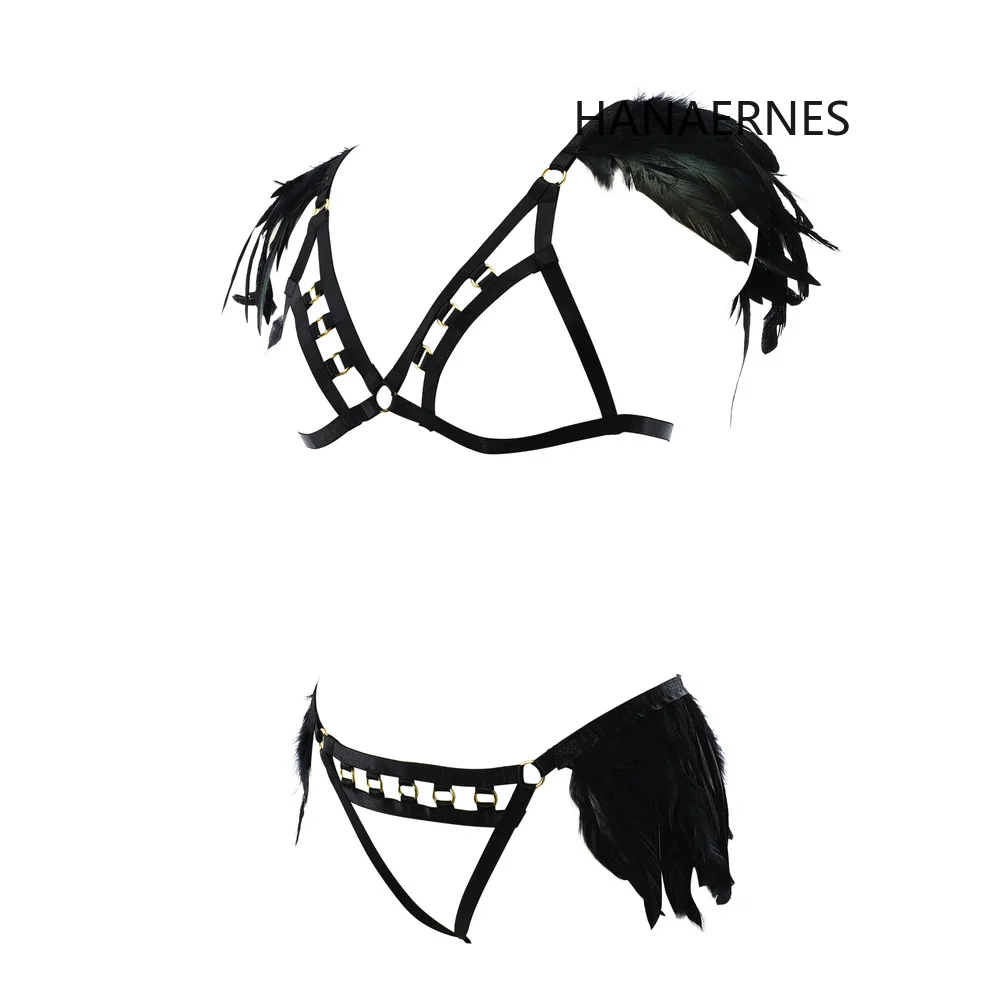 HANAERNES Feather Epaulets Goth Shoulder Wings Top Festive Sexy Harness Bandage Lingerie Bar Dance Adjust Body Harness