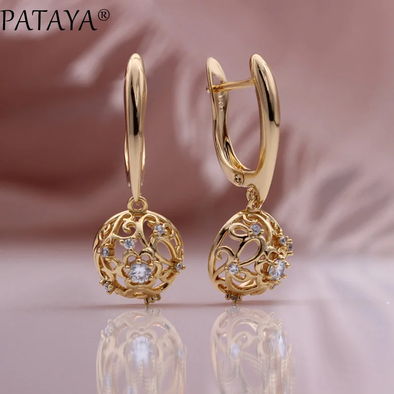 PATAYA New Hemispherical Hollow Long Drop Earrings Women Pattern Fashion Jewelry 585 Rose Gold Color Natural Zircon Earrings