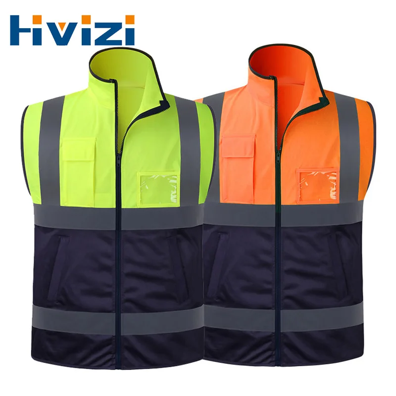 สะท้อนแสงความปลอดภัยเสื้อกั๊กด้านหน้า Zipper Hi Vis Workwear เสื้อกั๊กหลายกระเป๋า Two Tone ก่อสร้างทำงานเสื้อกั๊ก