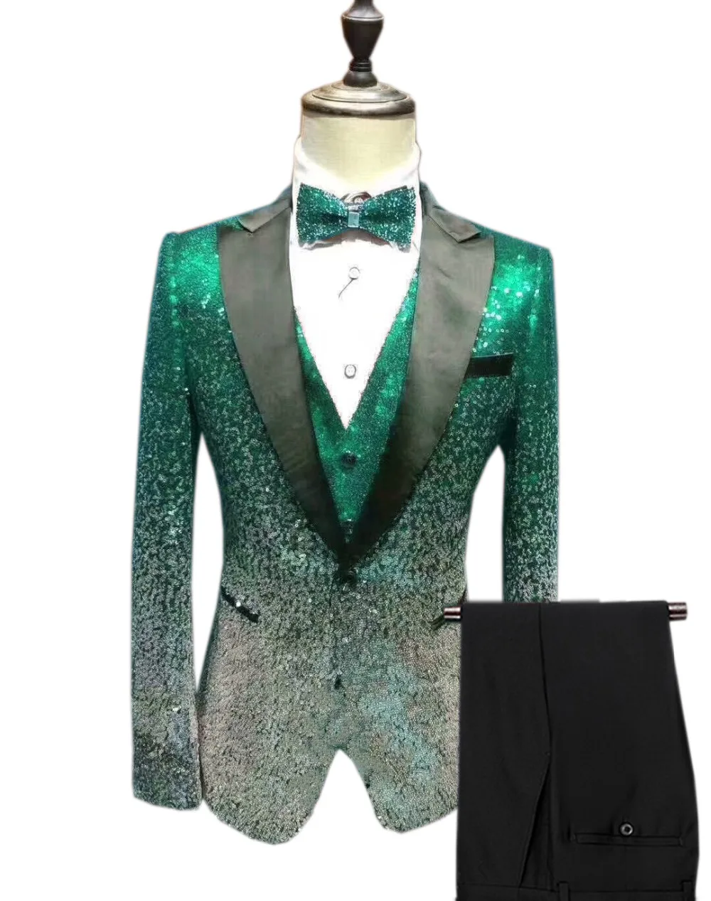 Mens Sequin Suit 3 Pieces Shiny Slim Fit Tuxedo Peak Notch Lapel For Party Wedding Groom Banquet Nightclub (Blazer+Vest+Pant)