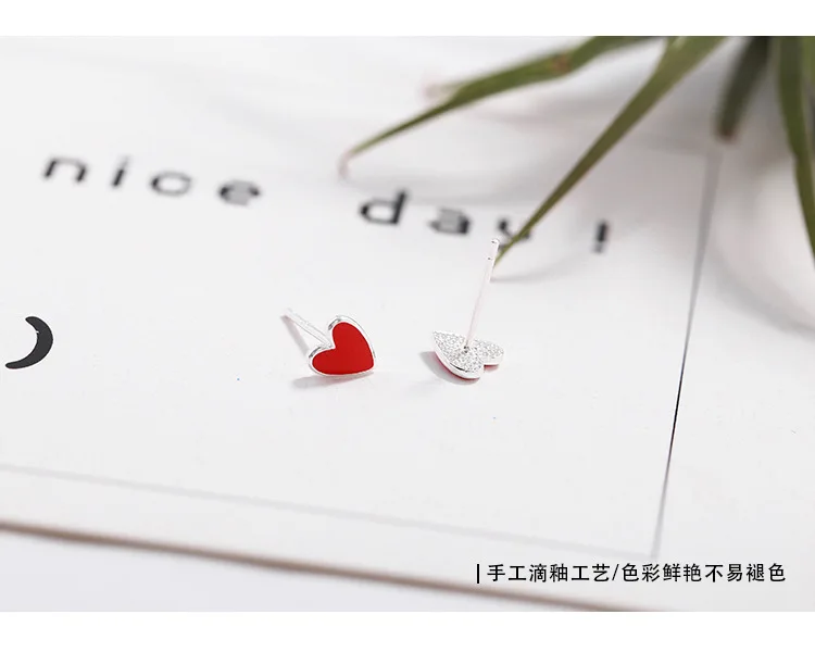 Real 925 Sterling Silver Red heart Stud Earrings for Women Girls Fashion sterling-silver-jewelry brincos brinco