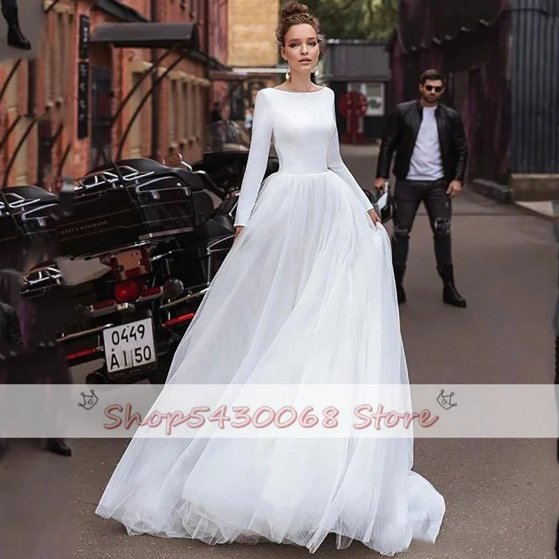 KapokDressy Boho Tulle e raso A Line abiti da sposa da spiaggia Vintage 2021 nuovi abiti da sposa A maniche lunghe senza schienale