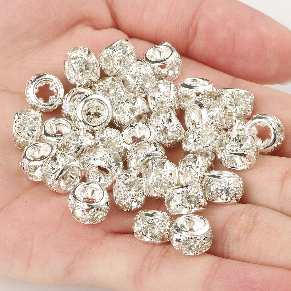 Wholesale 8/10mm Metal Silver Plated Crystal Rhinestone Ball Spacer Loose Beads For Jewelry Making Diy Bracelet Necklace 10pcs