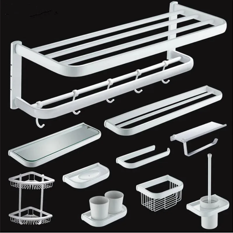 

Набор аксессуаров для ванной комнаты, белый квадратный держатель для бумаги, держатель для полотенец, корзина для мыла, стойка для полотенец, угловая полка, крючок, набор оборудования для ванной комнаты