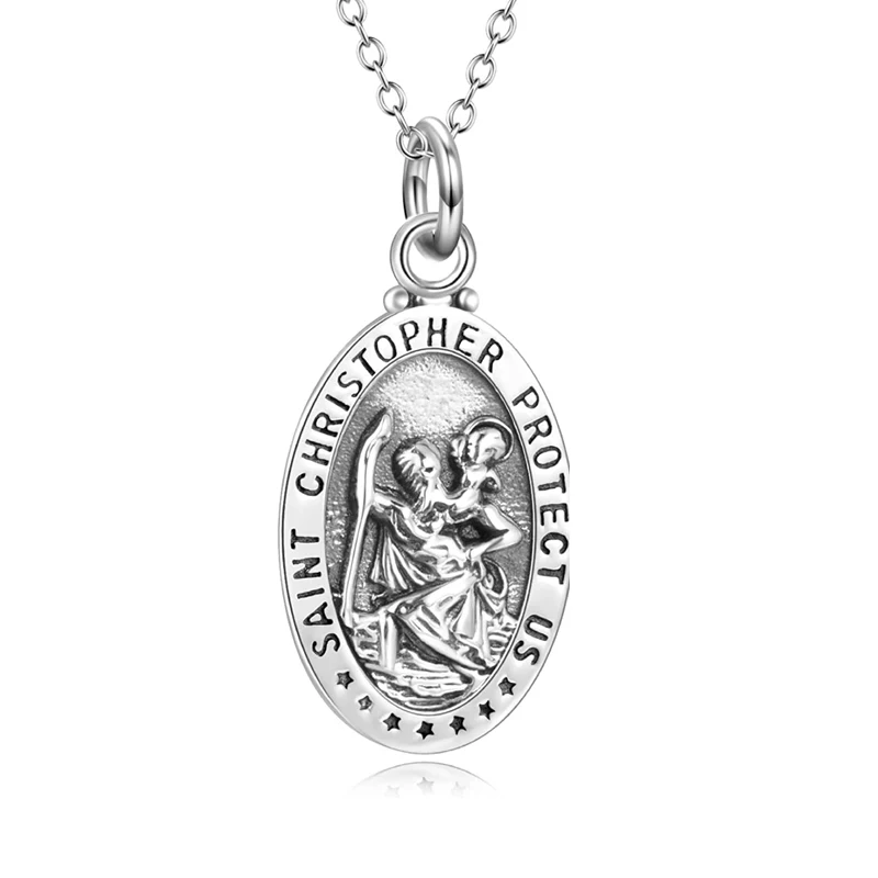 St Christopher Medal Necklace,Stainless Steel Medallion Travel Pendant Box Chain Necklace for Men Women