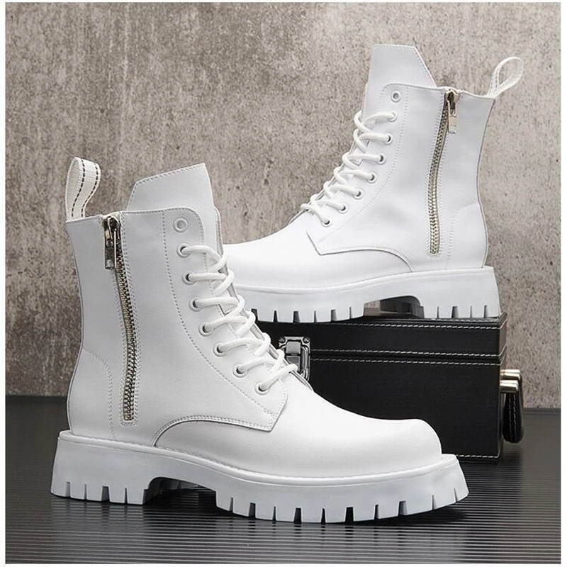 White Men Casual boots Punk High Tops Motorcycle Ankle Boots Height Increasing shoes Zapatillas Hombre