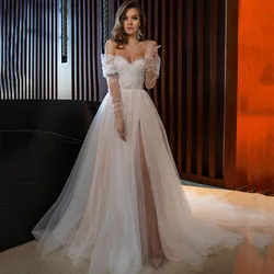 Vestidos de novia sexys de talla grande, con corsé en la espalda, color champán, manga larga, lunares, tul, abertura lateral alta, 2021