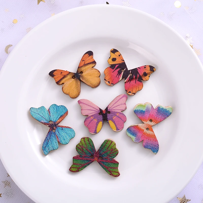 50Pcs/Pack 2 Holes Colorful Butterfly Shape Wooden Buttons Suitable For Sewing Scrapbooking Buttons DIY Craft Accessories