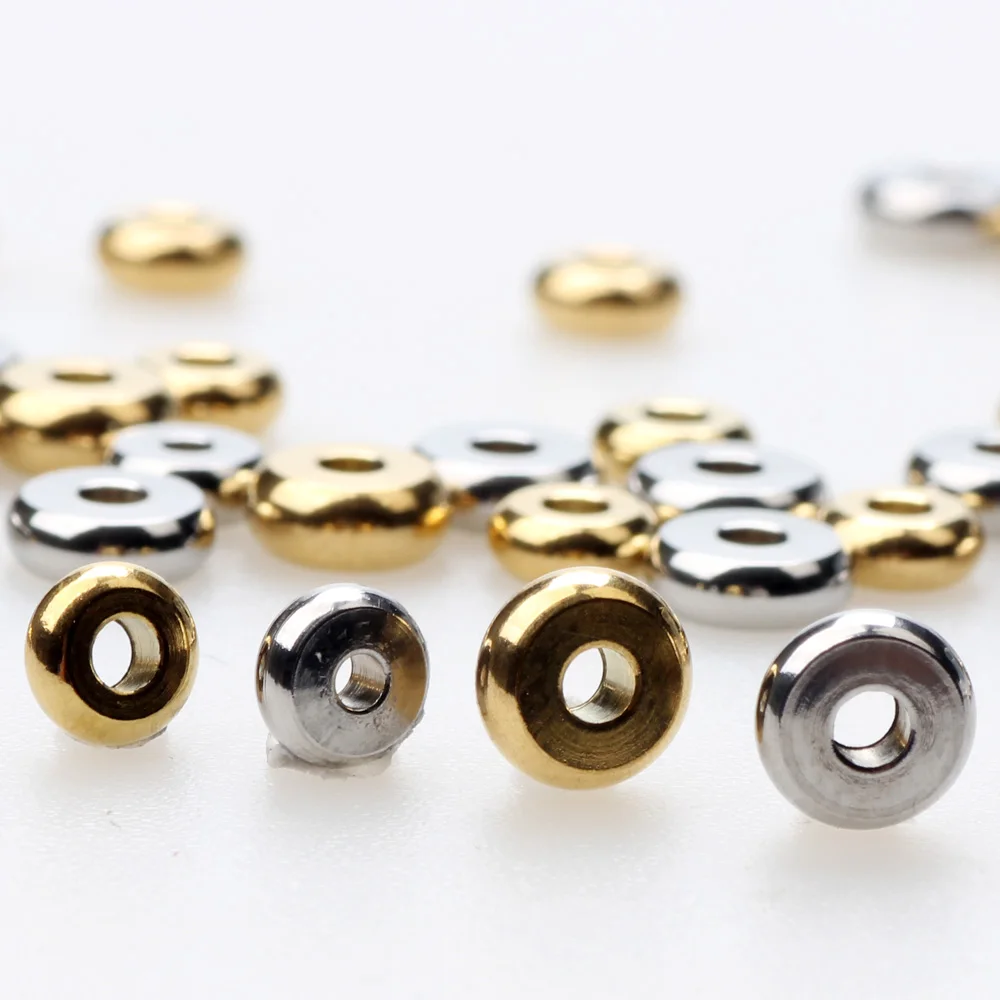 Olingart 5/6mm Stainless Steel Round Flat Loose Spacer Beads Fit Bracelet Finding Plating Gold Color DIY Jewelry Making