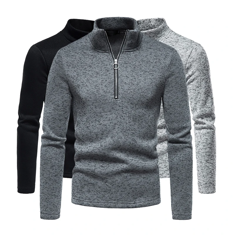 Pull à manches longues à col haut pour hommes, chemise de base de couleur unie, conception de fermeture à glissière personnalisée, automne, hiver, nouveau