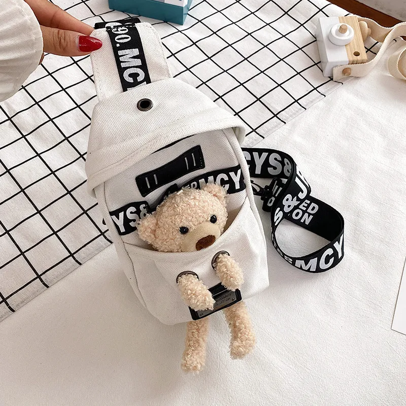 Cute Plush Toy Inside Chest Bag For Women Casual Canvas Bag Women Crossbody Bags Letter Print Strap Shoulder Bag Women Bolso Sac