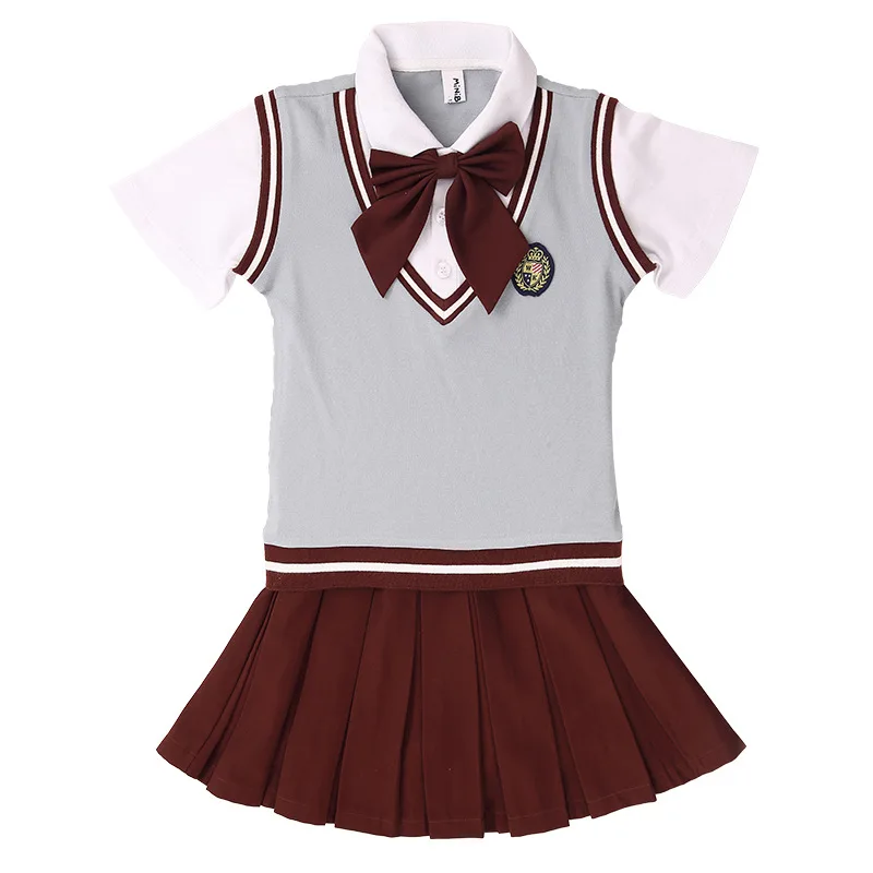 British School Uniform Children Short Sleeve Shirt Suit Pleated Skirt Kid Korean Japanese Kindergarten Class Clothing Set Outfit