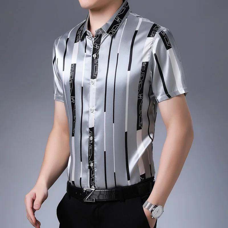 New 2020 Summer Male Silk Clothes Fashion Striped Silk Shirt Short Sleeve Mens Casual Satin Silk Dress Shirts