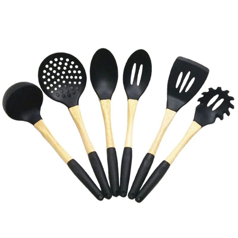 

Kitchen Cooking Utensils Set Silicone Non-Stick Spatula Ladle Beaters Shovel Beaters Set Wooden Handle Kitchen Cooking Tool