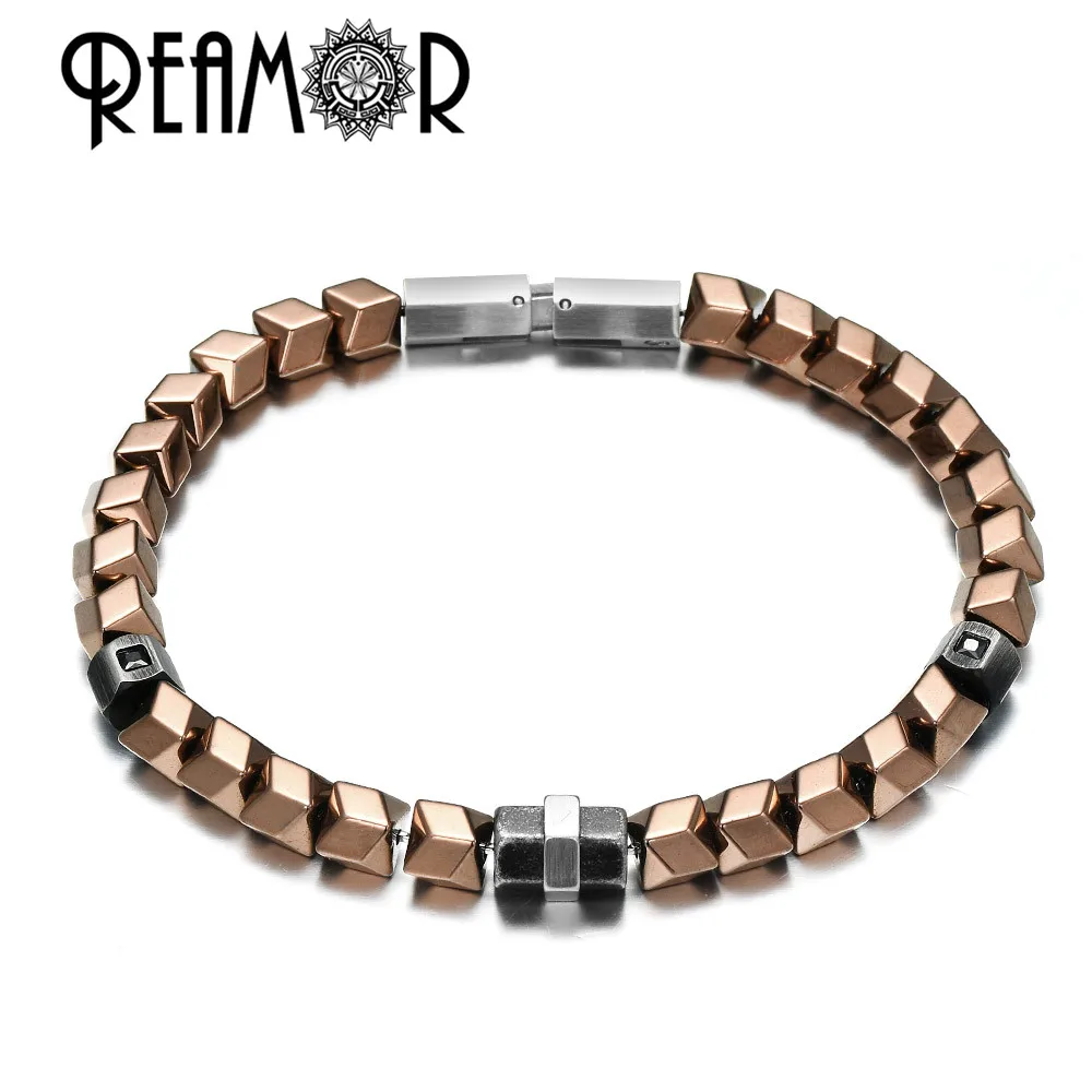REAMOR DIY Detachable Coffee Golden Color Hematite Beads Bracelets Black Zircon CNC Stainless Steel Bracelet Men Women Jewelry