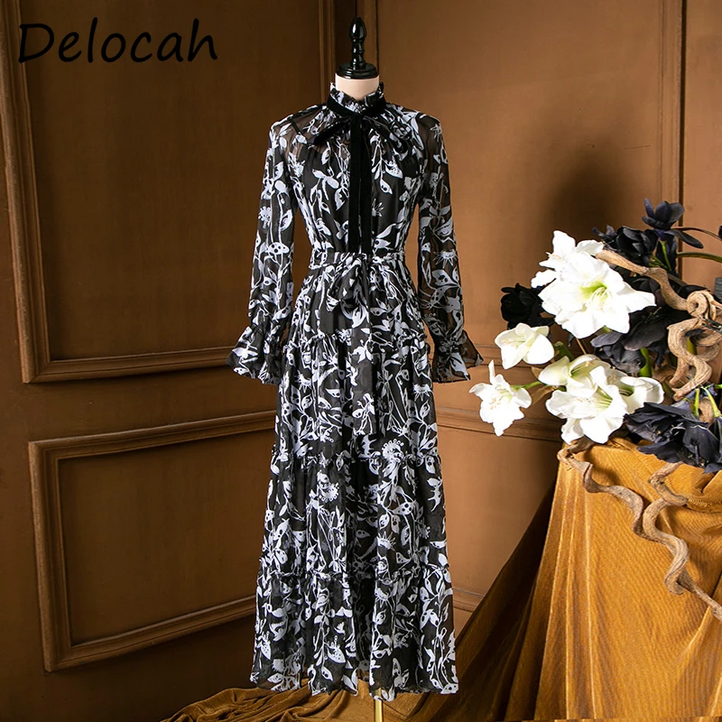 Delocah Spring Fashion Women Designer Party A-Line Dress Flare Sleeve Bow Floral Print Elegant Ladies Long Dresses Vestidos 2021