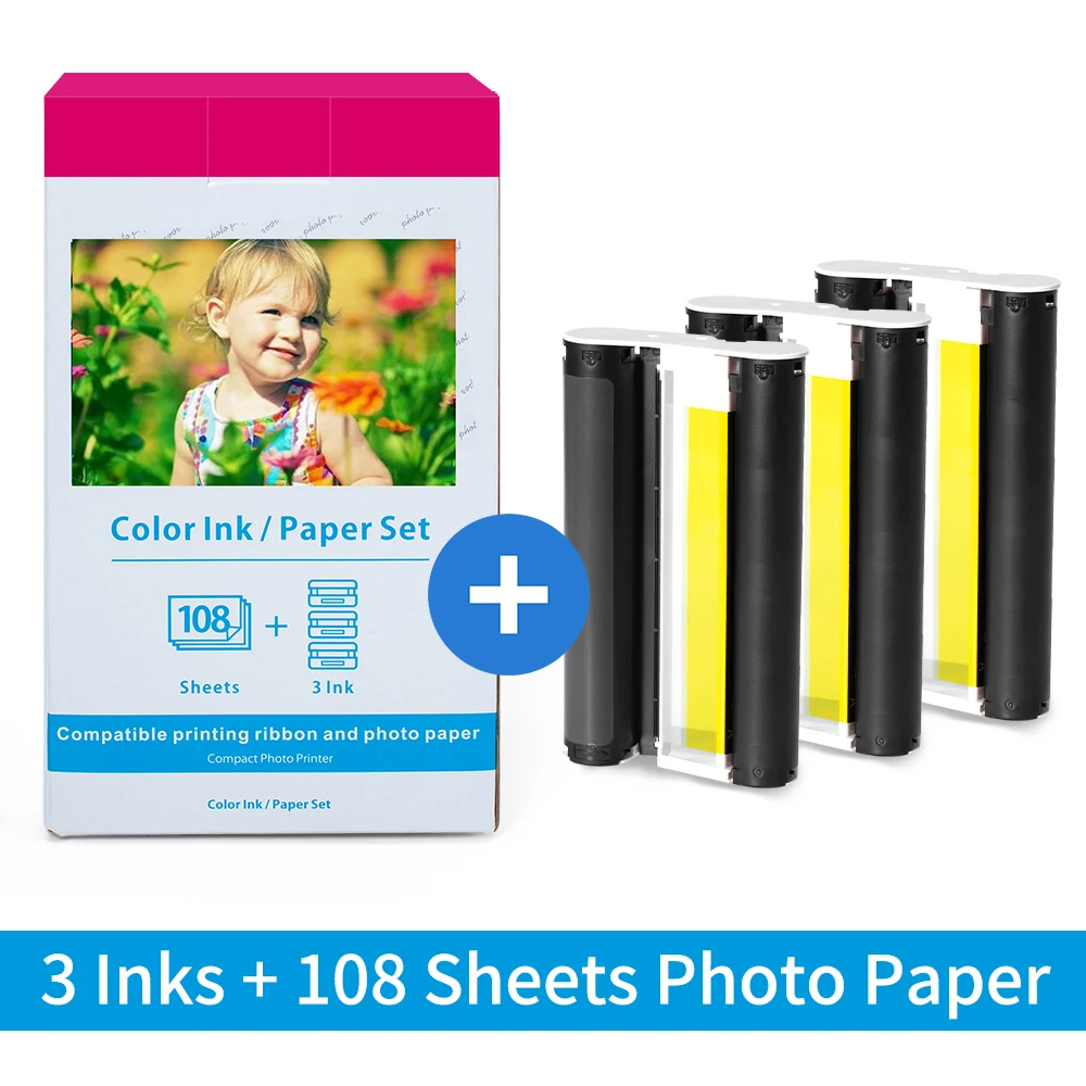 3 Color Inks and 108 Glossy Photo Paper Compatible for Canon Selphy CP1300 CP1200  CP910 CP900 Photo Printer KP-108IN KP-36IN